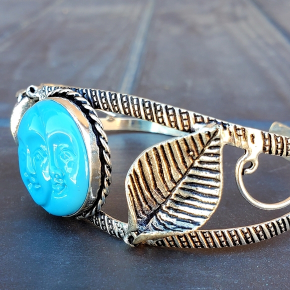 New Carved Double Moon Face 925 Silver Cuff Bracelet. - Picture 5 of 14